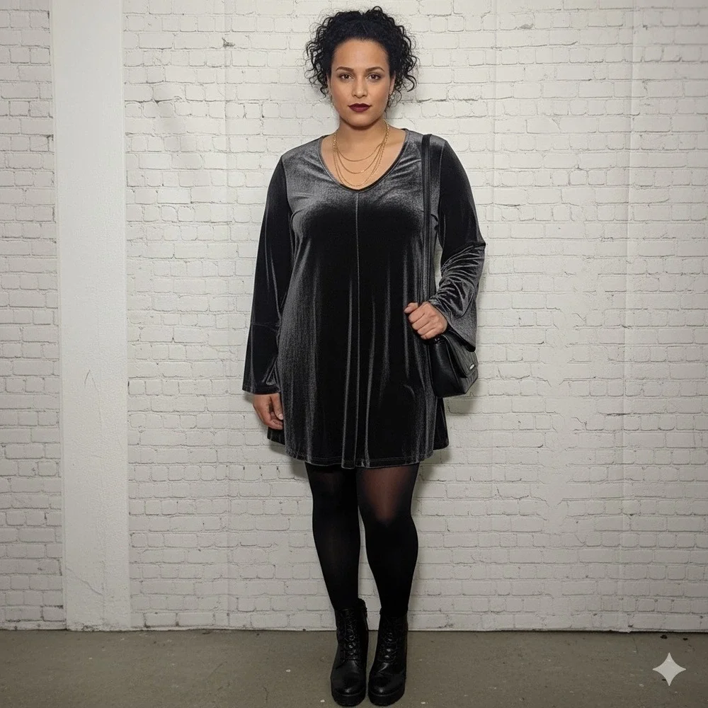 VTG 90s Plus Size Gray Blue Velvet Bell Sleeve Mini Dress Top 3x Fairy  Grunge